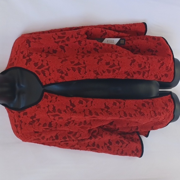 Lularoe Stella Elegant, Red sparkly lace w/black trim, open front, Stella - Picture 1 of 8